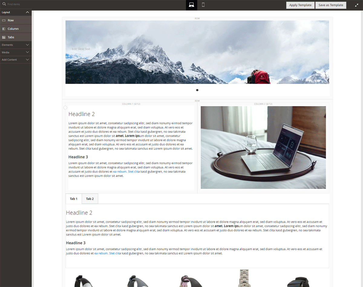 Mobile Optimierung im Magento Page Builder Wechsel in die Backend-Maske für die Bearbeitung der mobilen Version der Webseite