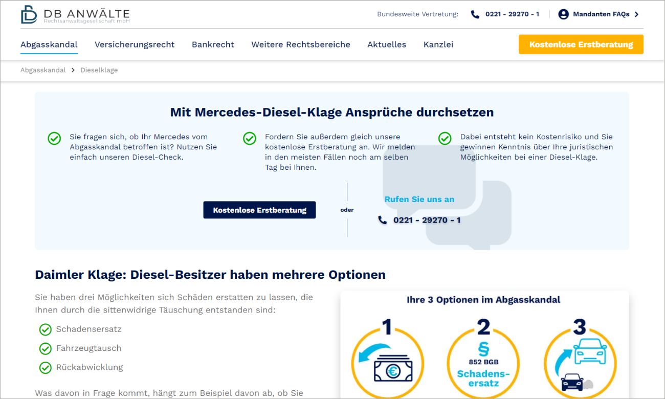 Screenshot verschiedener Designelemente der DB-Anwälte Webseite, die das UI/UX-Konzept verbessern. Man sieht das FAQ zum Thema PKV Beitragserhöhung unwirksam; was Mandanten nachfragen und die zuständigen Anwälte für dieses Thema