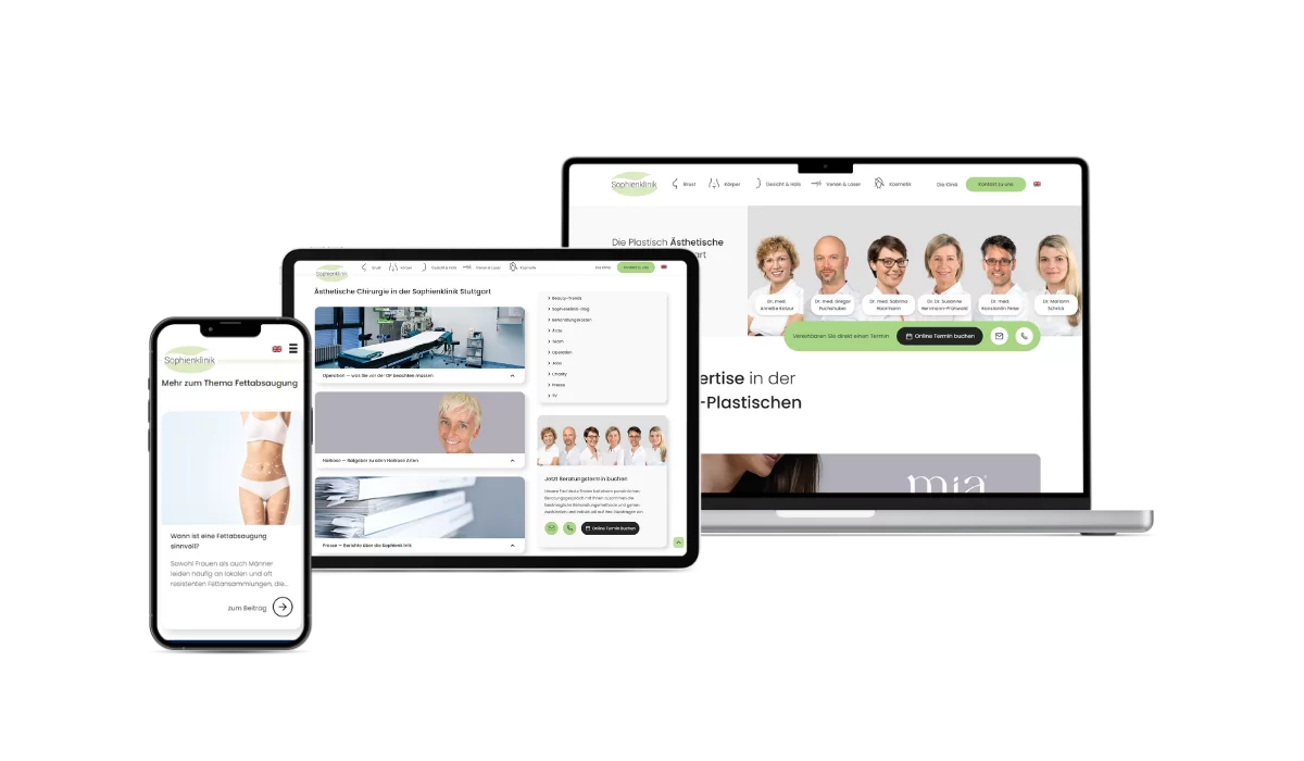 Sophienklinik mit Fettabsaugung, Chirugie und der Startseite Darstellung der Webseite von Sophienklinik auf unterschiedlichen Geräten. Auf dem MacBook ist die Startseite zu sehen. Bei dem Tablet werden die Leistungen der Ästhetischen Chirugie dargestellt und auf dem Smartphone wird mehr zum Thema Fettabsaugung gezeigt.