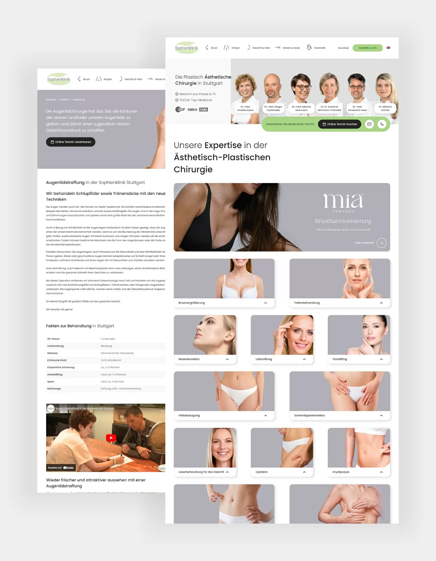 Sophienklinik Startseite Augenstraffung Hochkante Referenz von Sophienklinik mit der Startseite und der Darstellung der Kategorie-Kacheln. Ein weiterer Screenshot zeigt die Unterkategorieseite für die Augenlidstraffung