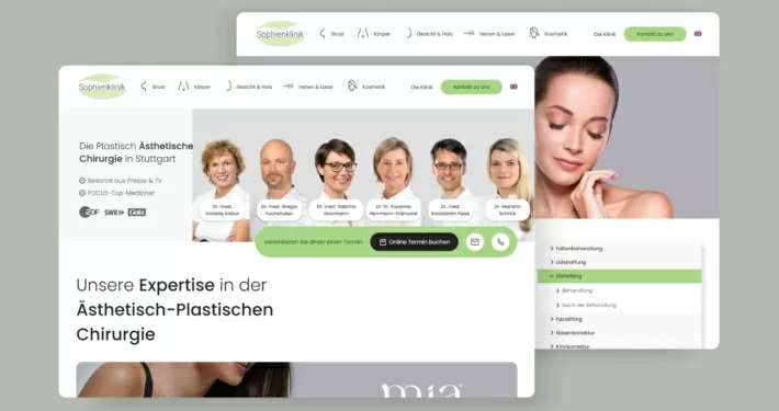 Teaser der Referenz Sophienklinik mit der Startseite und der Unterkategorie Stirnlifting