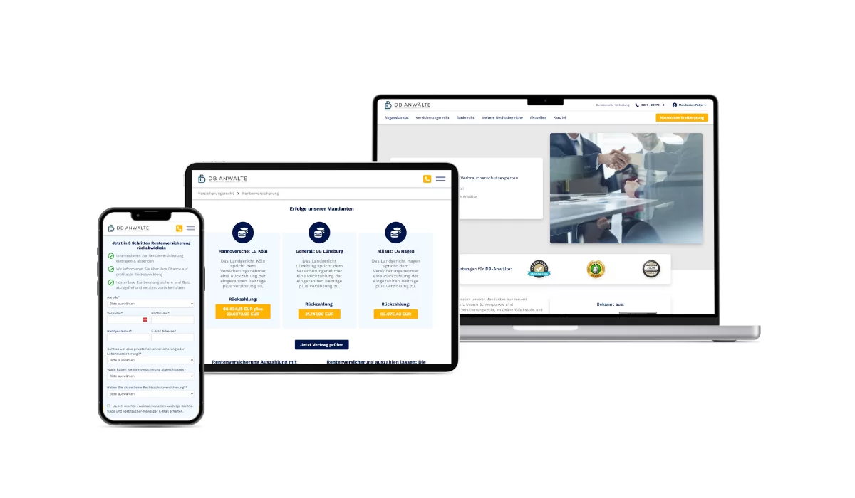 Startseite, Bankrecht-Seite & Schufa Seite der DB Anwälte Unterschiedliche responsive Darstellung der Decker & Böse Anwälte-Webseite auf den Geräten IPhone, IPad & IMac