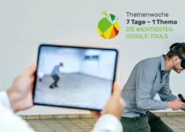 Mitarbeiter mit Tab und andere Mitarbeiter mit VR-Brille