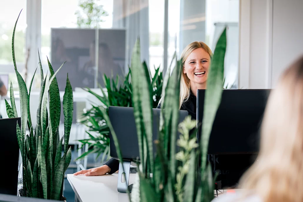 Pflanzen im Büro Pflanzen im Vordergrund - Mitarbeiterin lacht im Hintergrund