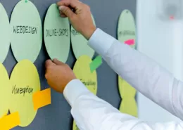 Mitarbeiter an der Pinnwand am Bauen einer Mindmap