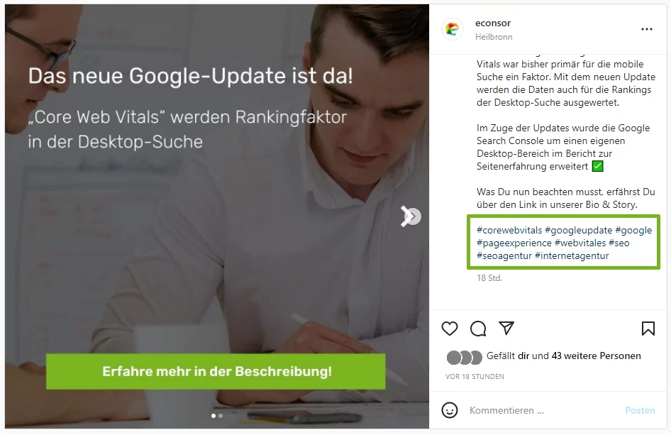 Beispiel eines Beitrags mit guten Hashtags Richtige Hashtags verwenden