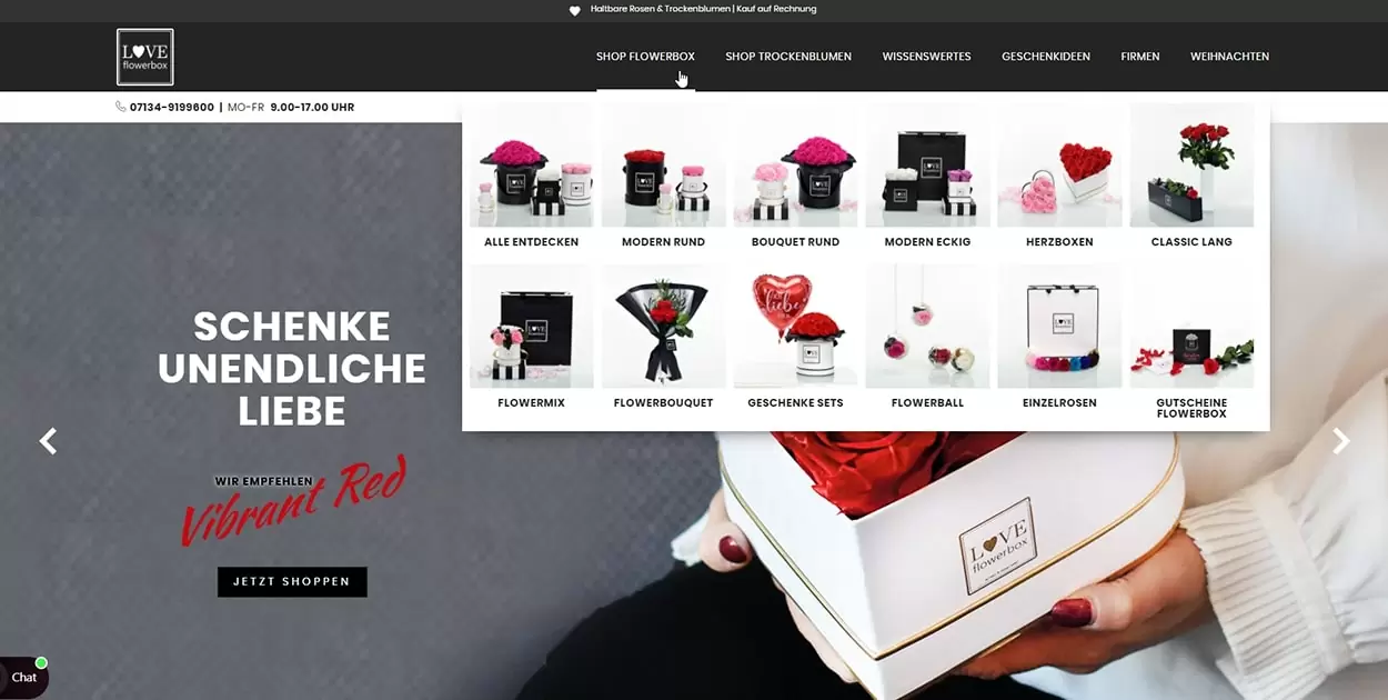 Navigation des Webshops von Love flowerbox Navigation des Webshops von Love flowerbox