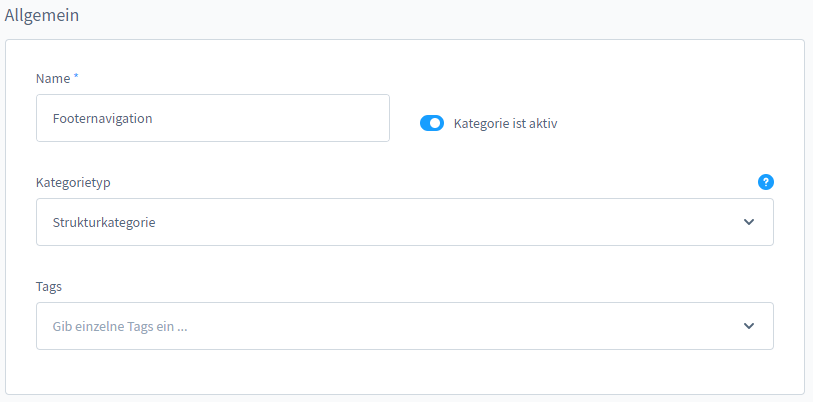 Erstellung Footer-Navigation-Kategorie in Shopware 6 Abbildung des Shopware Backend während der Erstellung der Footer-Navigation-Kategorie