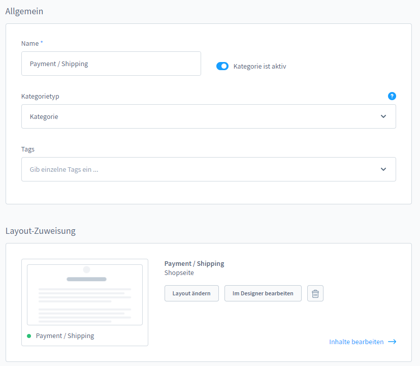 Konfiguration des Footerblocks in Shopware 6 Backend-Ansicht der Footerblock-Konfiguration in Shopware 6