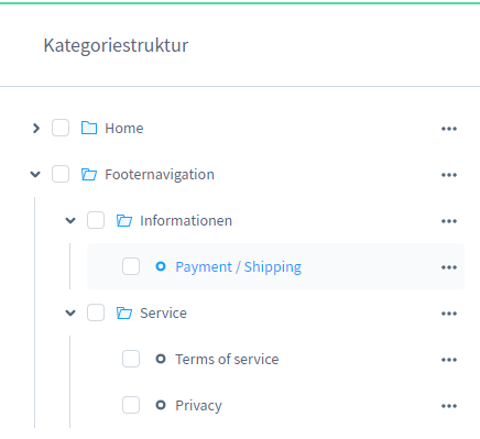 Kategoriestruktur der Shopware 6 Footer-Navigation Backend-Ansicht der Kategoriestruktur in Shopware 6 mit Kategorien und Footerblöcken