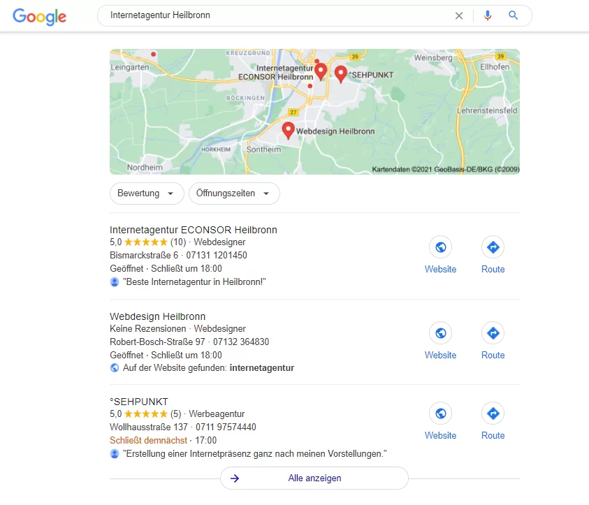 Google Local Pack Anzeige des Local Pack in den Google Suchergebnissen