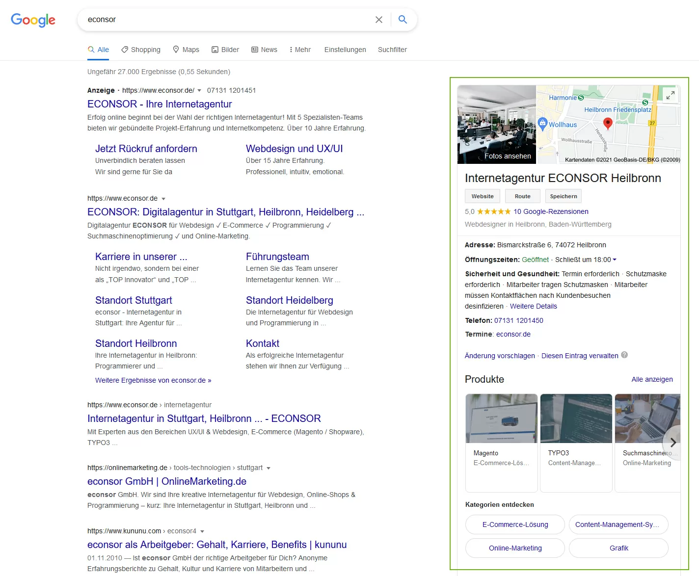 Google My Business Unternehmeneintrag Firmeneintrag von ECONSOR in den Google Suchergebnissen als Google My Business Eintrag