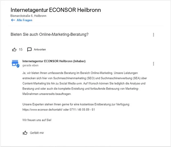 Google My Business FAQ Frage und Antwort des ECONSOR Google My Business Eintrages