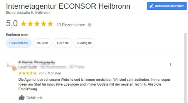 Google My Business Rezension Rezensionen von ECONSOR im Google My Business Eintrag