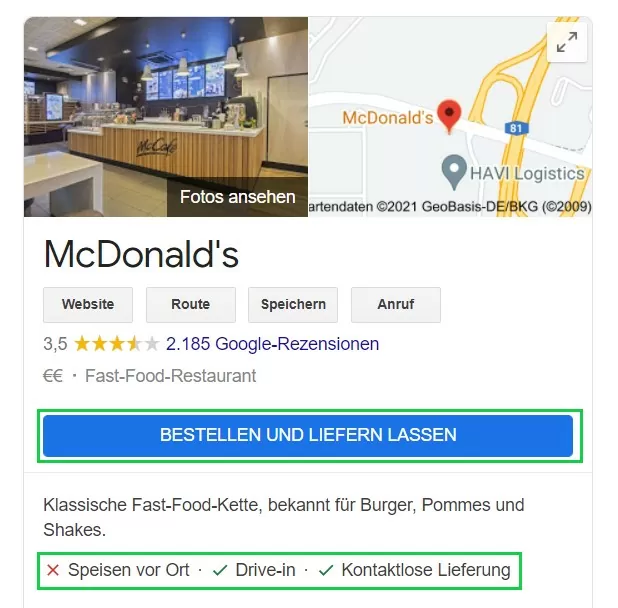 Google My Business individuelle Attribute Ansicht der individuellen Attribute im Firmeneintrag von McDonald's