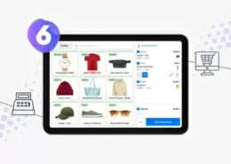 Ein Screenshot des Kassensystems Pickware POS für Shopware 6 in einem Tablet mit Kassen & Warenkorb Icon sowie 6 von Shopware 6