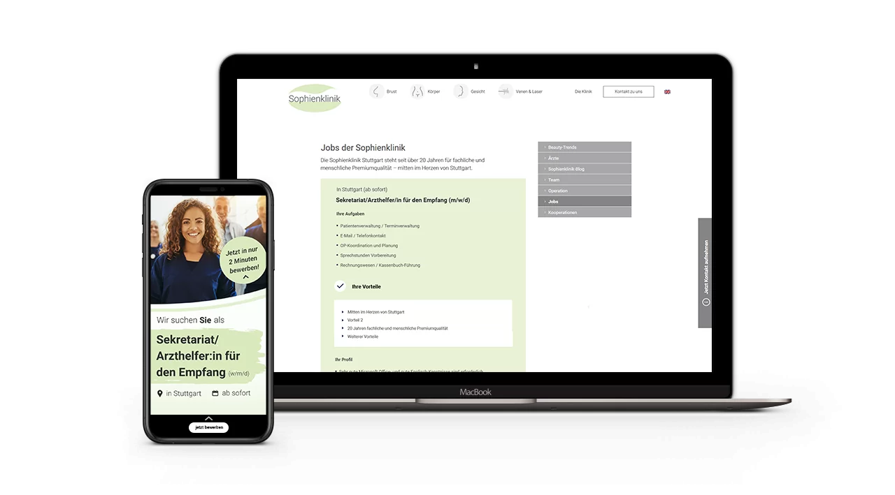 Sophienklinik Jobs Jobs der Sophienklinik auf dem Desktop, Instagram Online-Recruiting Story auf dem Handy
