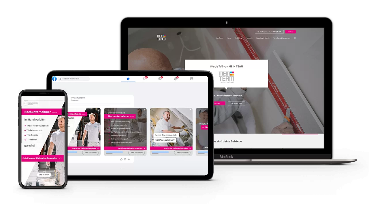 Soyez Social Media Recruiting Anzeigen für Nachunternehmer, Anzeigen-Feed und Webseite MEIN TEAM