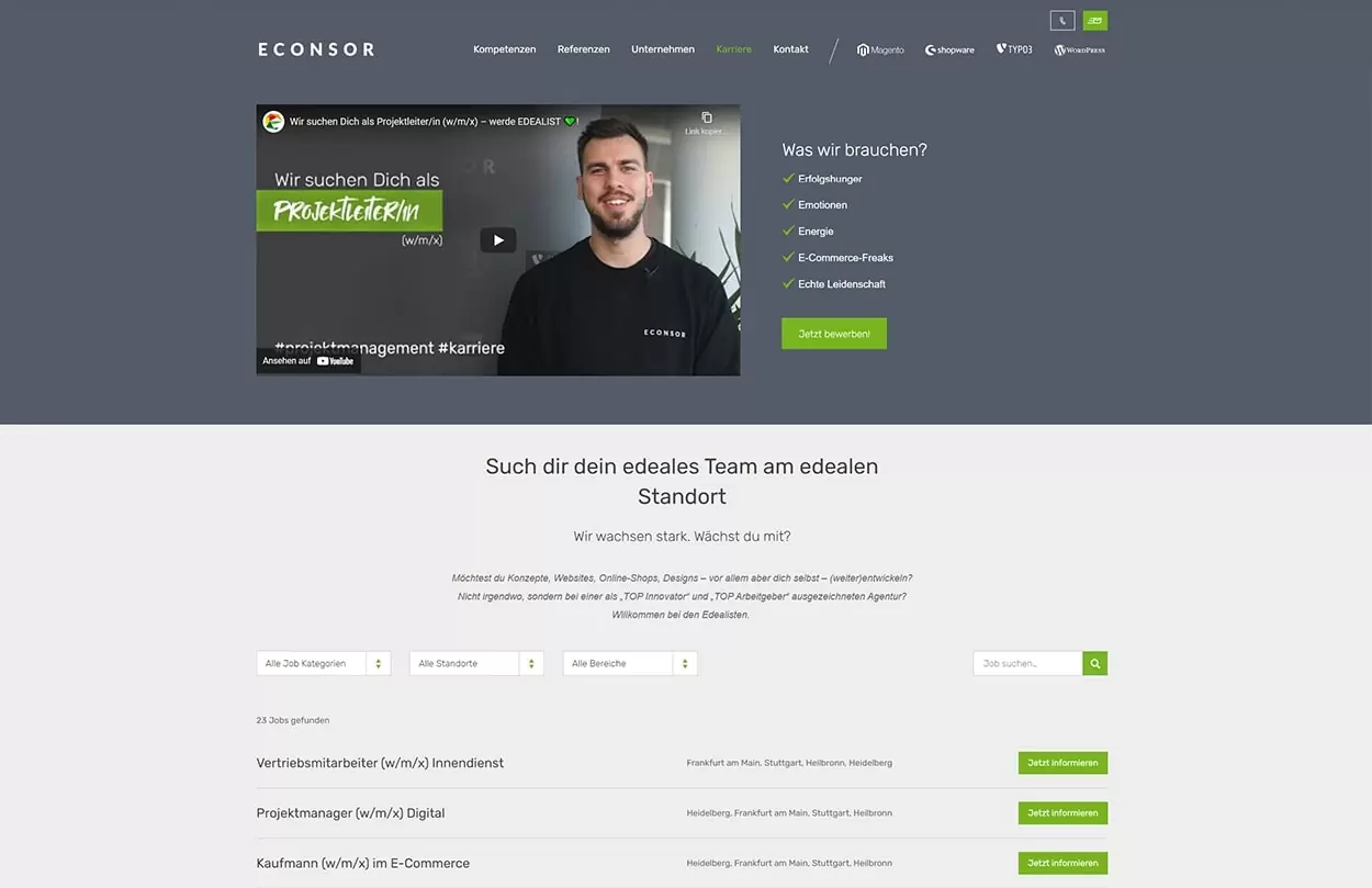 Karriereportal mit Video und Ăbersicht der offenen Stellen mit Links zur Detailseite