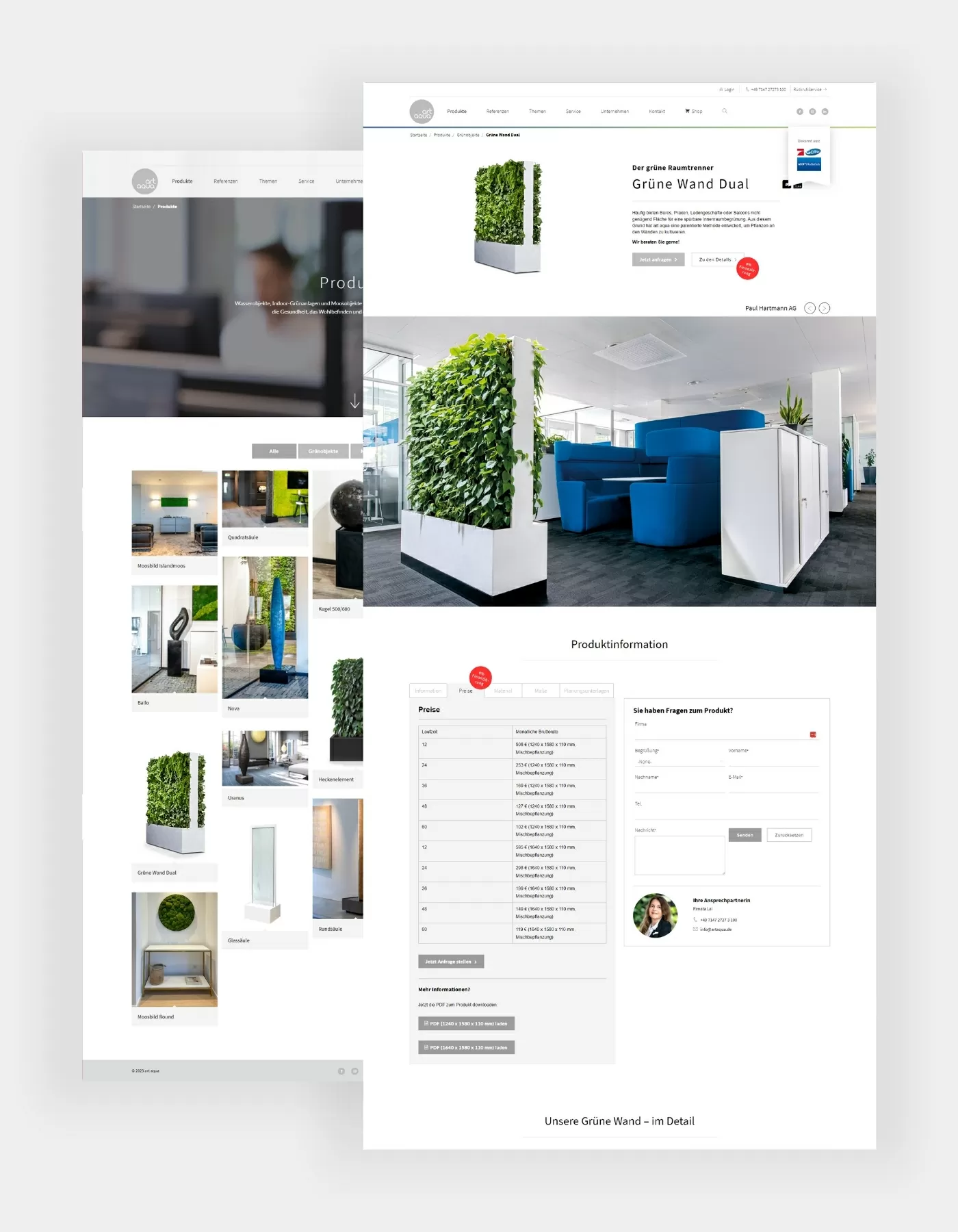 WordPress-Relaunch für artaqua Produktinformationen zu dem Produkt "Grüne Wand Dual" von artaqua