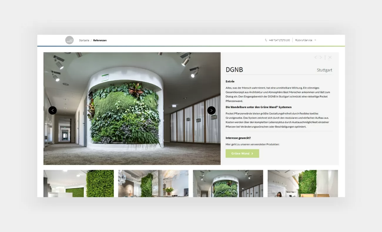 Referenz-Übersicht von artaqua Referenzen von grünen Wänden von artaqua in verschiedenen Unternehmen in Stuttgart & Chur