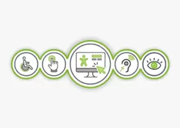 Fünf Kreise, die verschiedene Einschränkungen in der Nutzung einer Internetseite darstellen mit Ziel der Barrierefreiheit, damit jeder Zugang zu den Inhalten hat