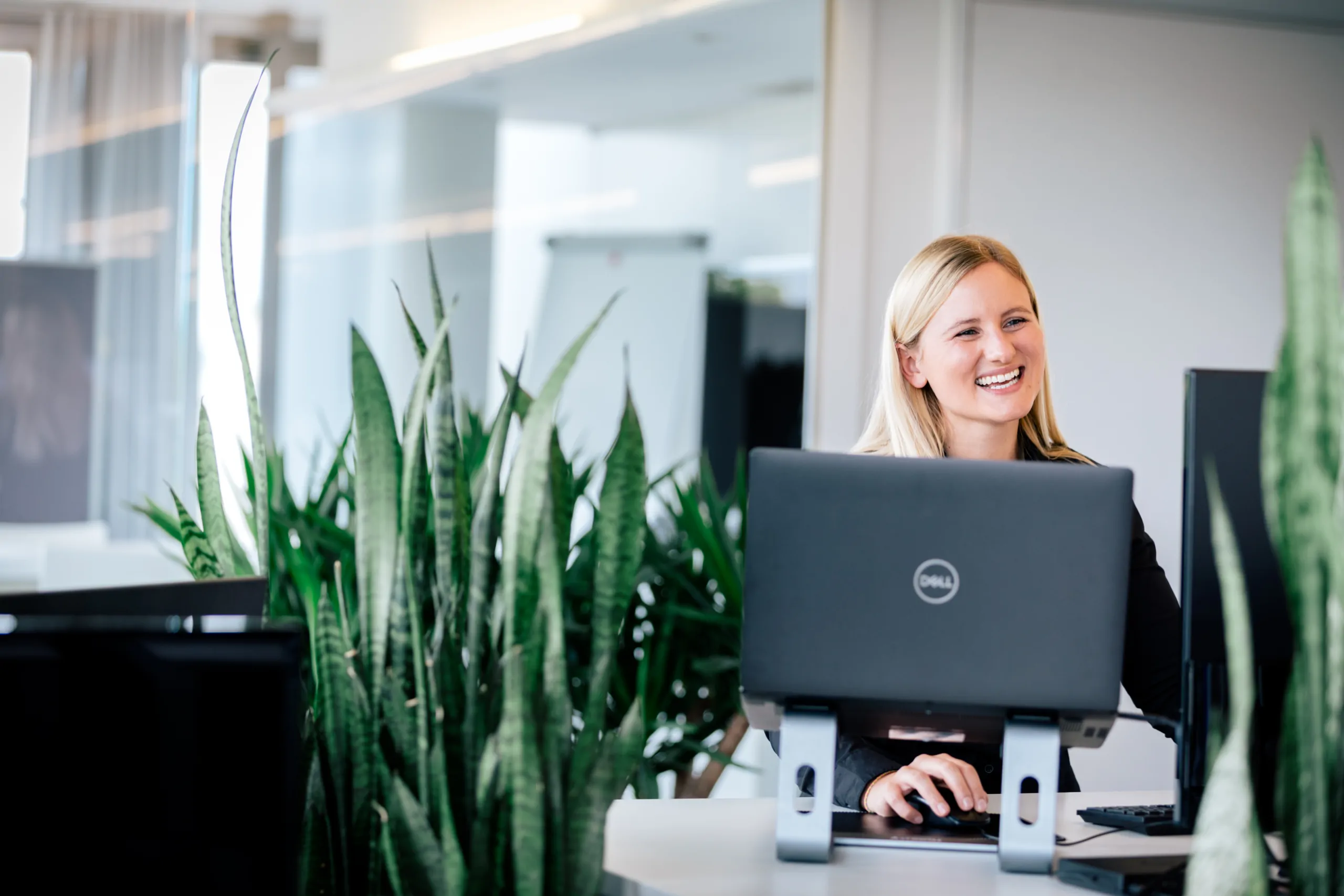 Grünes Büro in Stuttgart Im Stuttgarter-Büro gibt es viel Pflanzen. Im Vordergrund sind die Pflanzen, im Hintergrund lacht eine Mitarbeiterin