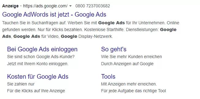 Auszug der Google Ads Suchergebnisse von Google Ads mit Paid Search