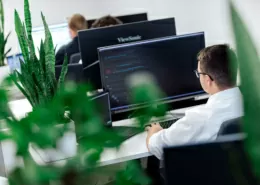 Grünes Büro mit Mitarbeitern, die am PC arbeiten