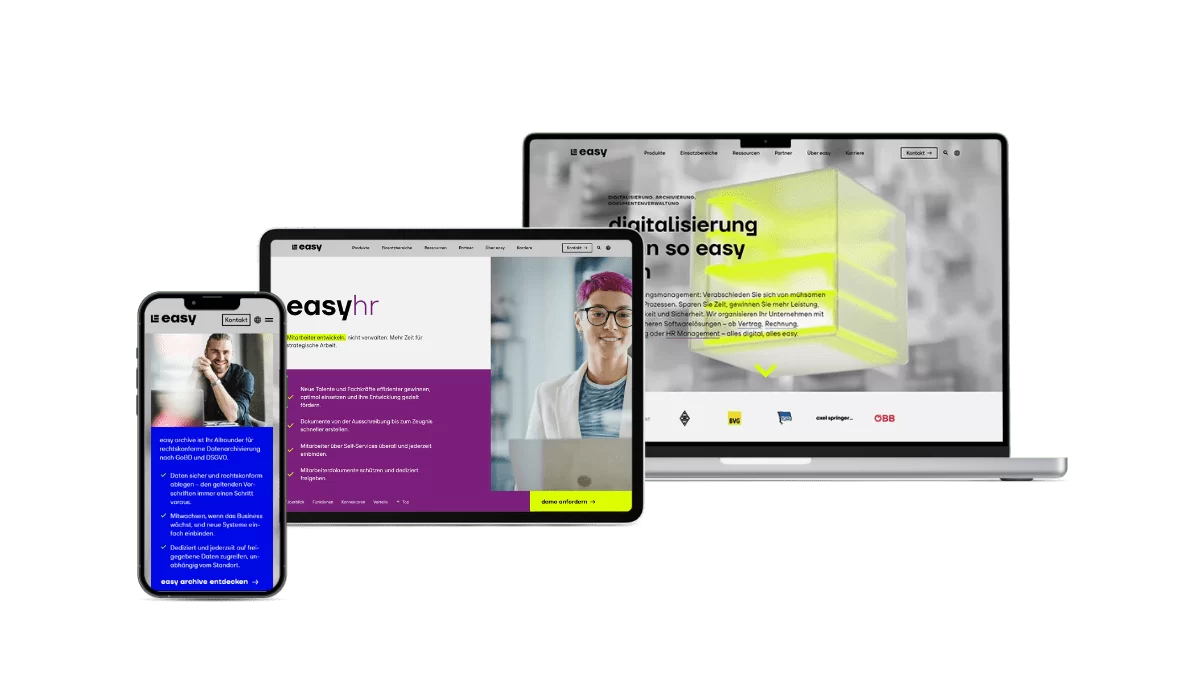 Easy-Software Kategorieseite und Startseite Darstellungen der Webseite von Easy-Software auf unterschiedlichen Geräten