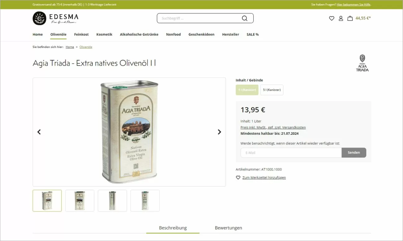 Edesma E-Mail-Benachrichtigung bei nicht Verfügbarkeit Highlight der E-Mail-Benachrichtigung bei nicht Verfügbarkeit des Produktes im Edesma Online-Shop
