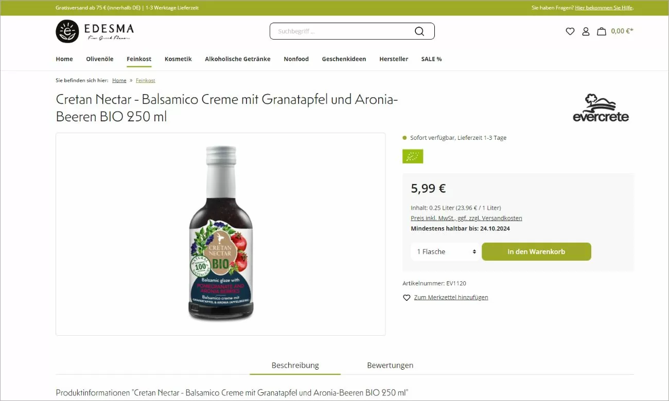 Edesma Produktdetailseite Referenz Highlight der Produktdetailseite zu Crean Nectar in der Kategorie Feinkost des Edesma Online-Shops