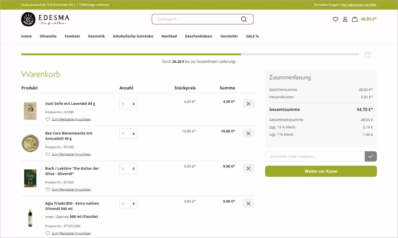 Edesma Warenkorb mit Anzeige zur kostenfreien Lieferung Referenz Highlight des Warenkorbs mit Anzeige zur kostenfreien Lieferung auf der Edesma Webseite