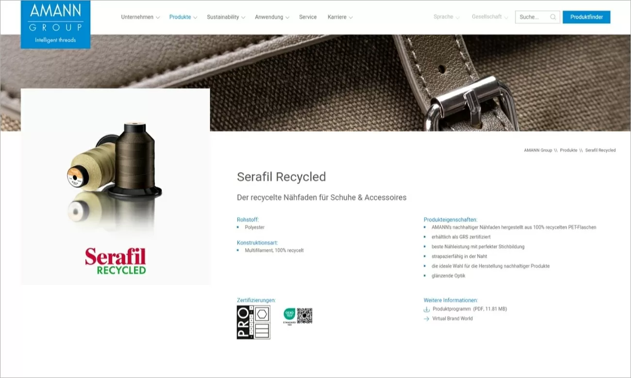 Amann Group Produktdetailseite Das Produkt Polyester Multifilament 100% recycelt mit weiteren Informationen