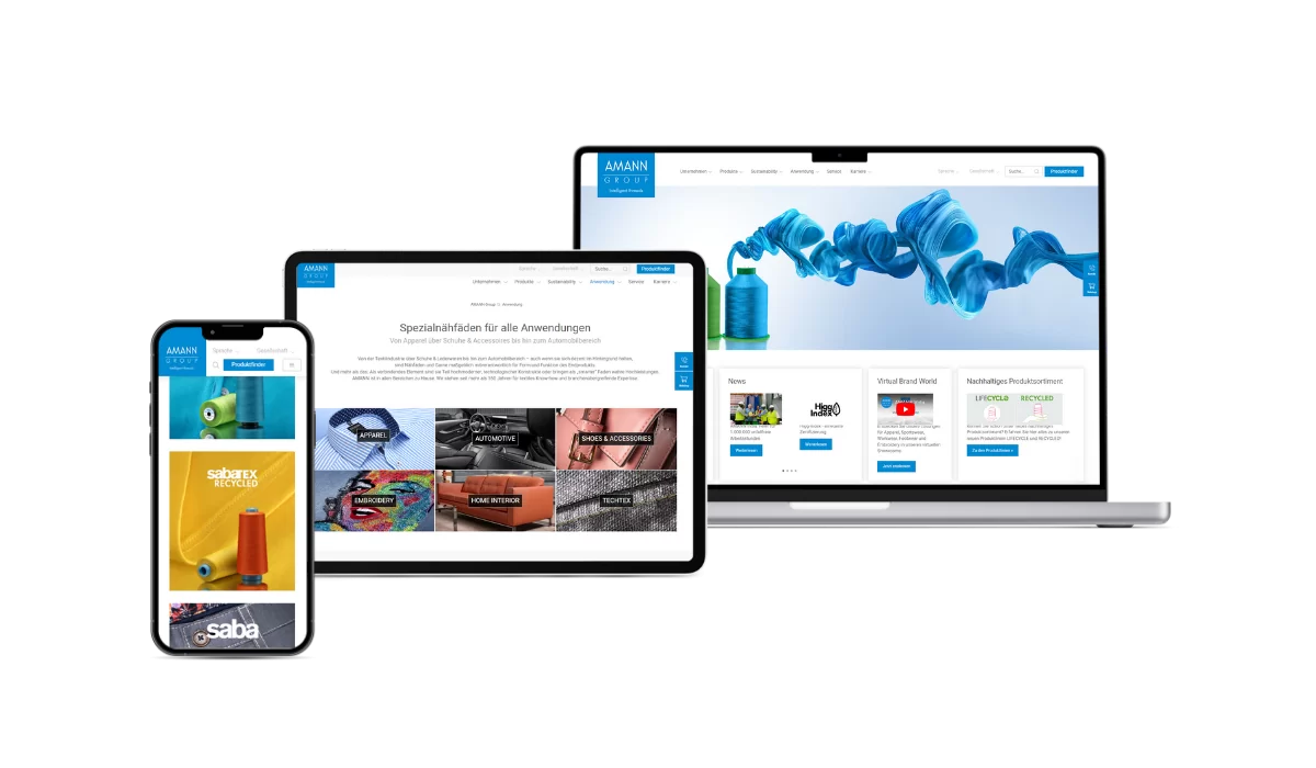 Amann Group Webseite-Mockup Darstellung der Startseite und des Produktsortiments auf verschiedenen Geräten