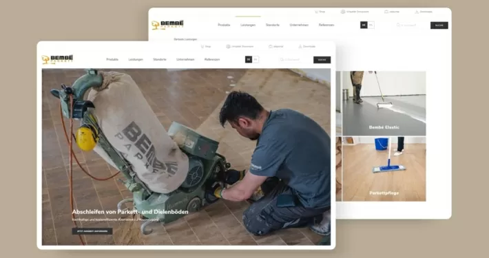 Referenz Teaser mit der Startseite und der Leistungsseite mit der Kategorieübersicht von Bembe Parkett
