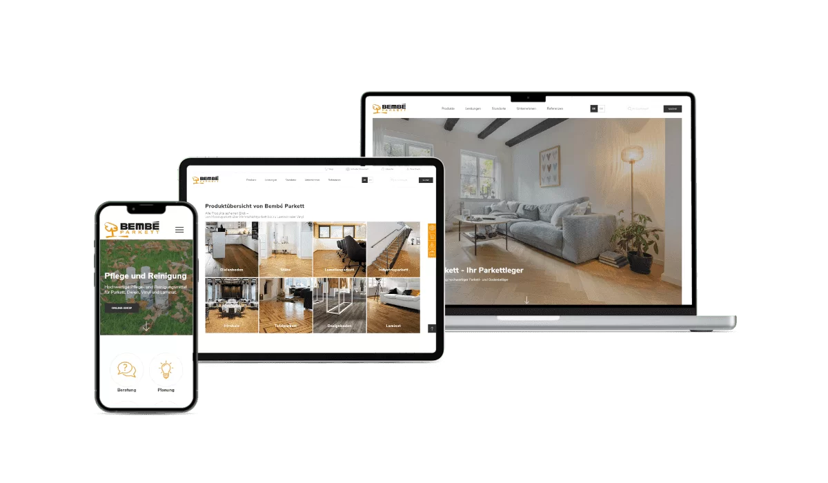 Bembe Parkett Startseite und Produktkategorien Unterschiedliche responsive Darstellung der gerelaunchten WordPress-Seite von Bembé auf den Geräten iPhone, iPad & Macbook