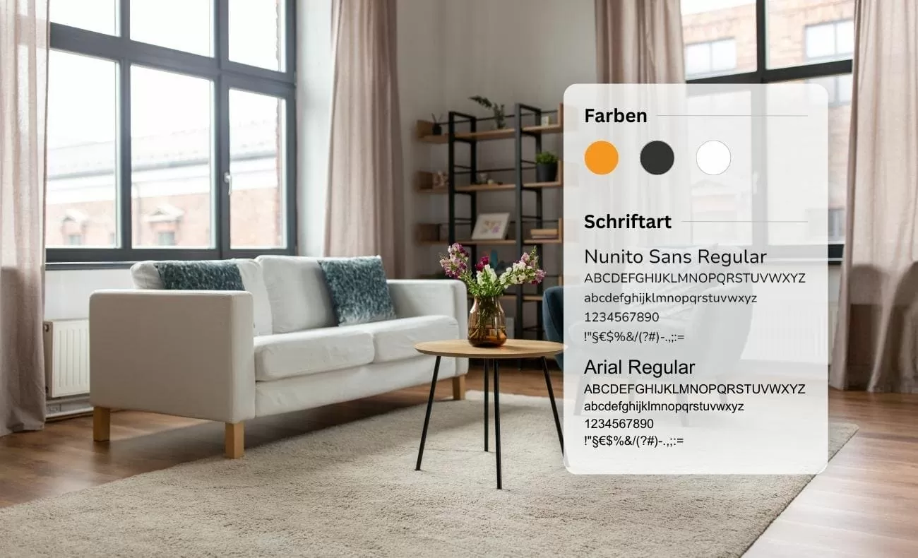 Bembe Parkett Styleguide Bembe Parkett Styleguide mit Farben orange, grau-schwarz und weiß, und Schriftarten Nunito Sans Regular und Arial Regular, dahinter eine weiße Couch und ein Esstisch mit schwarzen Stühlen, die auf einem Beigen Teppich stehen