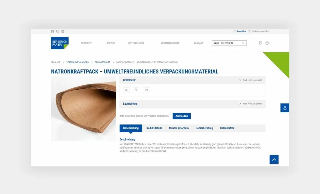 Berberich Verpackungslösung Produktschutz Produktdetailansicht von Natronkraftpack auf der Berberich Webseite