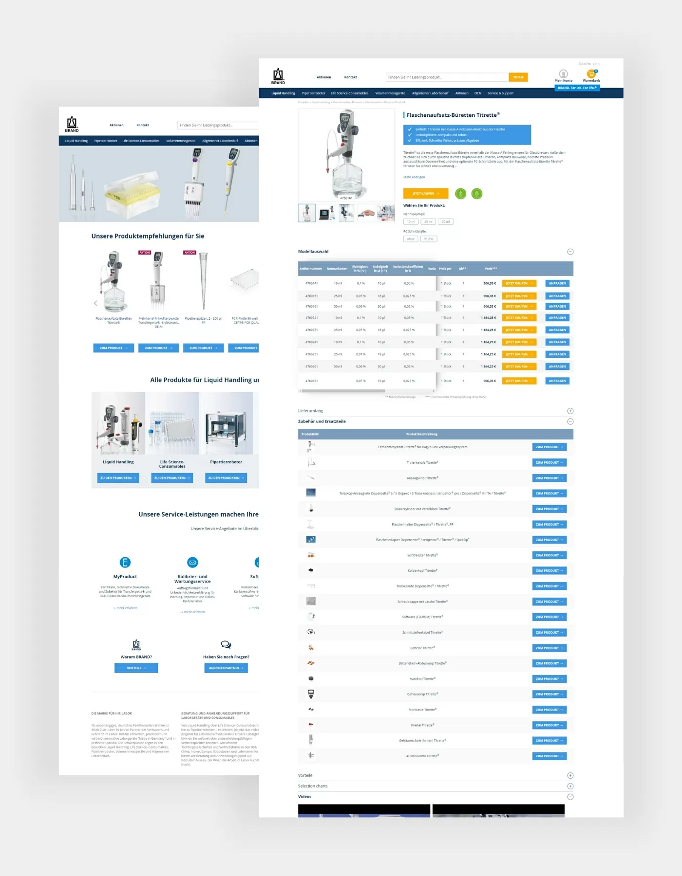 Brand Produktdetailseite und die Startseite BRAND Produktübersicht