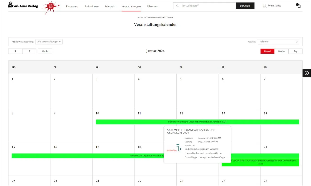 Carl-Auer Webseite: Eventkalender