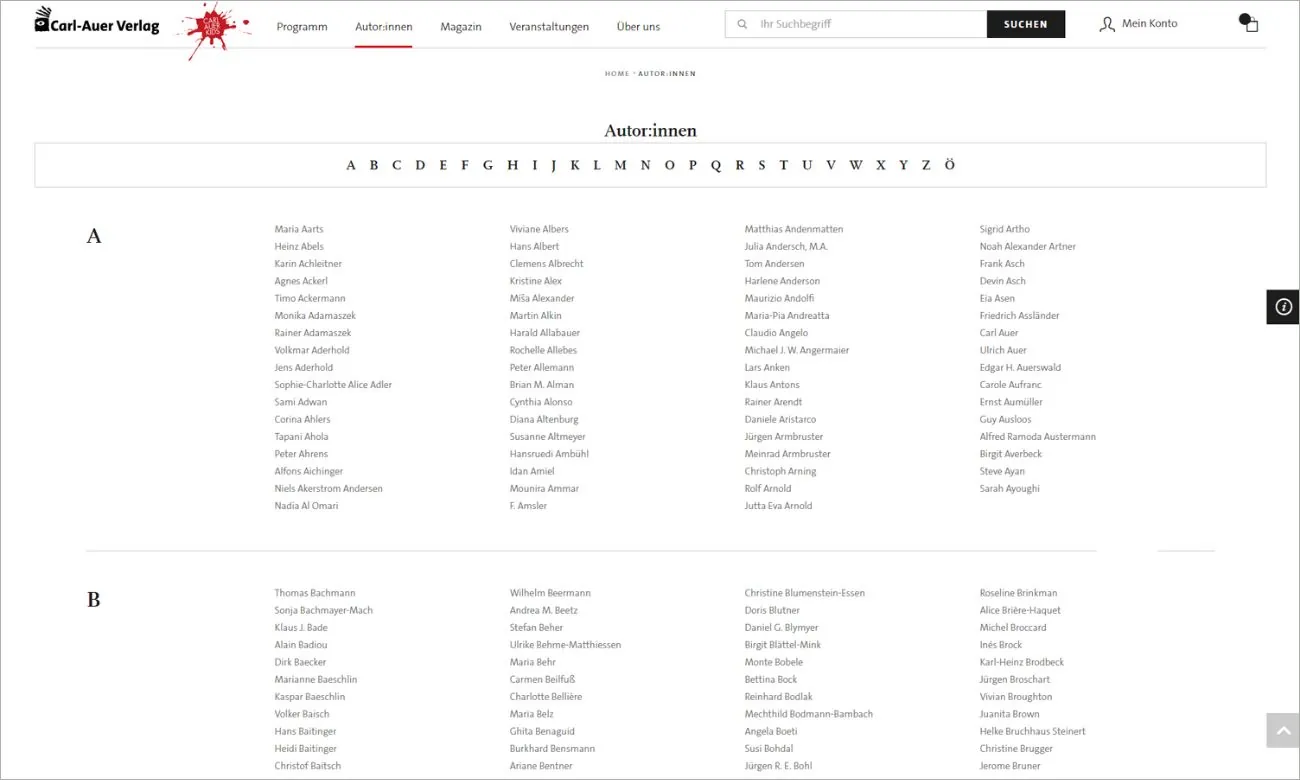 Carl-Auer Webseite: Darstellung der Filter und Freitextsuche