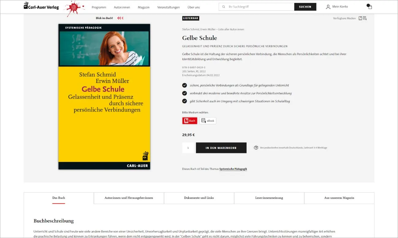 Carl-Auer Webseite: Darstellung der Produkten
