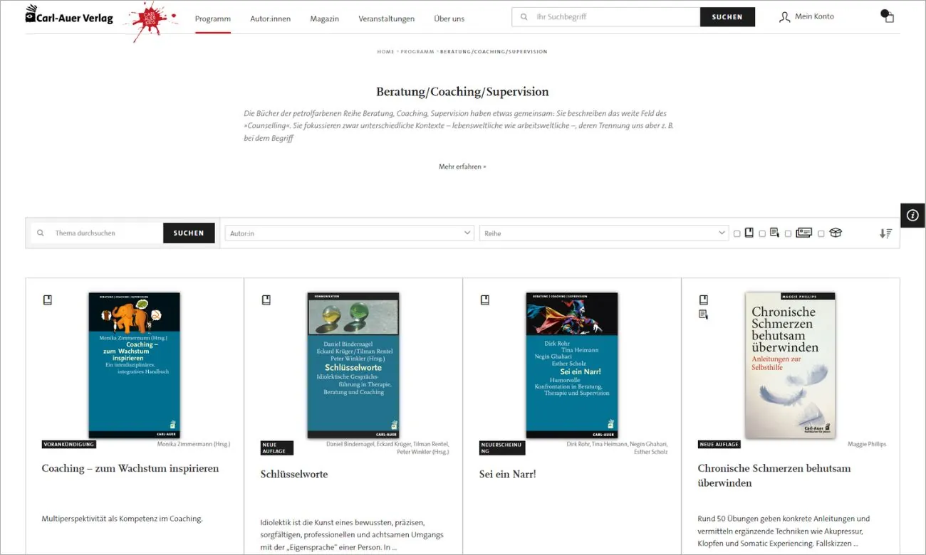 Carl-Auer Webseite: Darstellung von Produktdatensätzen für Bücher und eBooks