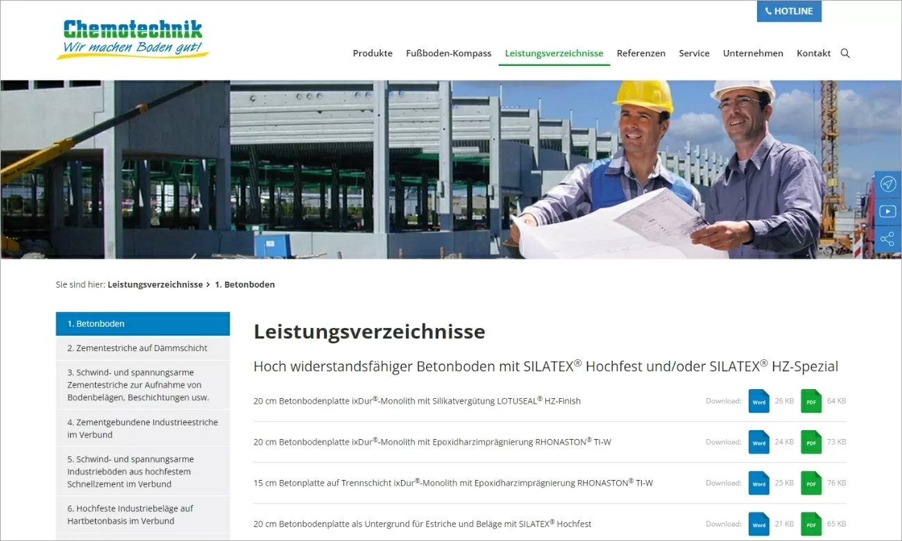 Chemotechnik Leistungsverzeichnisse Die Auflistung aller Leistungsverzeichnisse auf der Seite von Chemotechnik mit abrufbaren PDFs