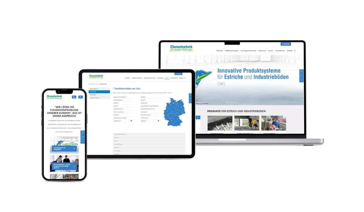 Chemotechnik Mockups Auf dem Laptop wird die Startseite angezeigt, auf dem Tablet lokale Fachbetriebe und auf dem Handy Blogbeiträge.