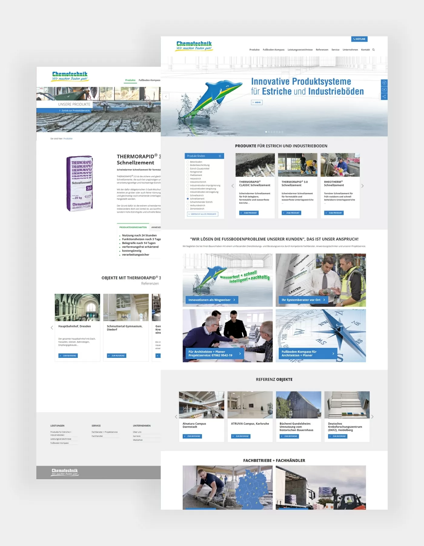 Chemotechnik Startseite und Produktdetailsseite Referenzen von der Startseite und Produktdetailansicht von Schnellzement