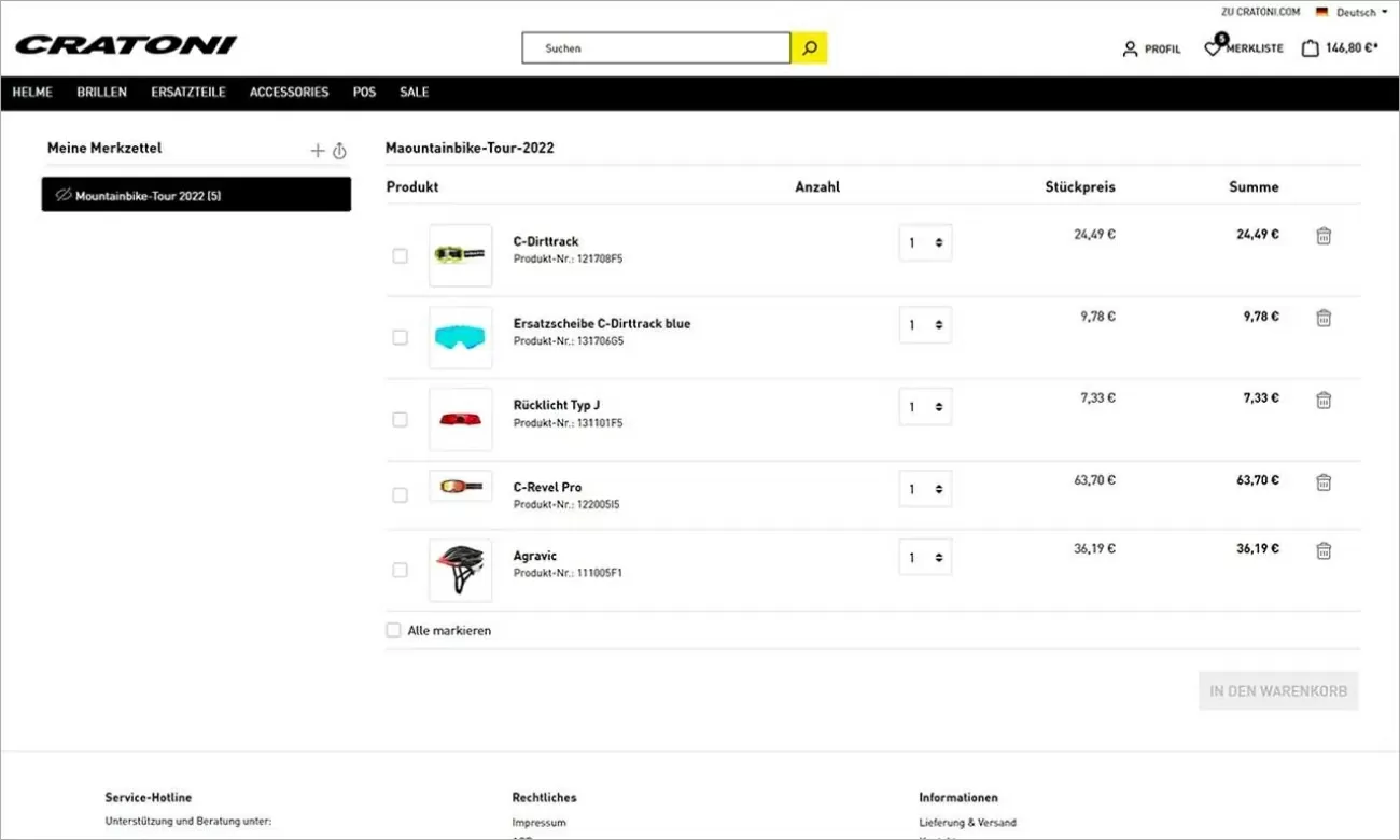 Individuelle Merkliste im B2B-Online-Shop Individuelle Merkliste in einem Händler-Profil