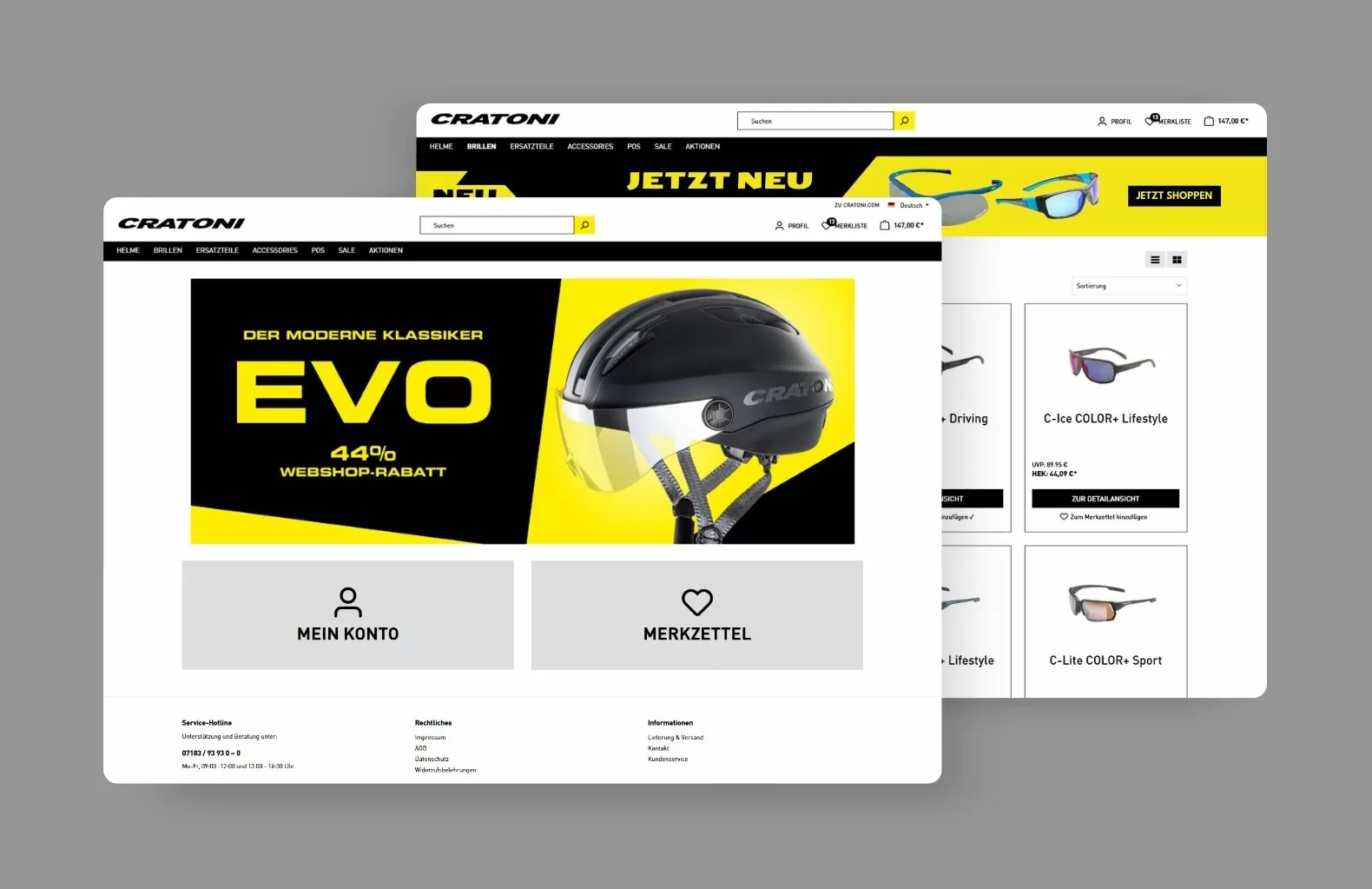 Produktseite von cratoni-shop.com und das Listing im Hintergrund