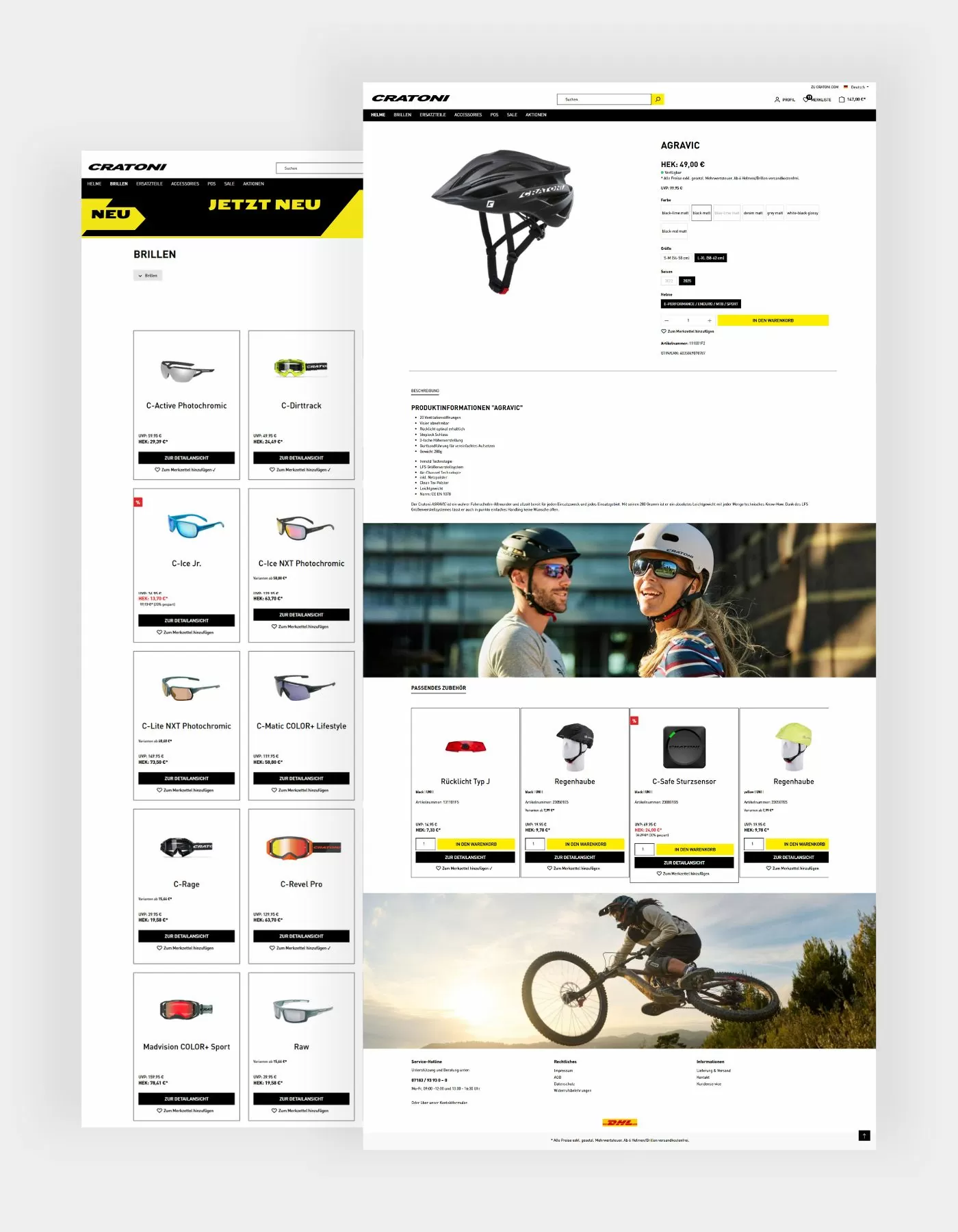Cratoni Produktübersicht und Produktdetailseite Große Abbildung der Produktdetailsseite mit Cross Selling Slidern und ein großes Listing im Hintergrund